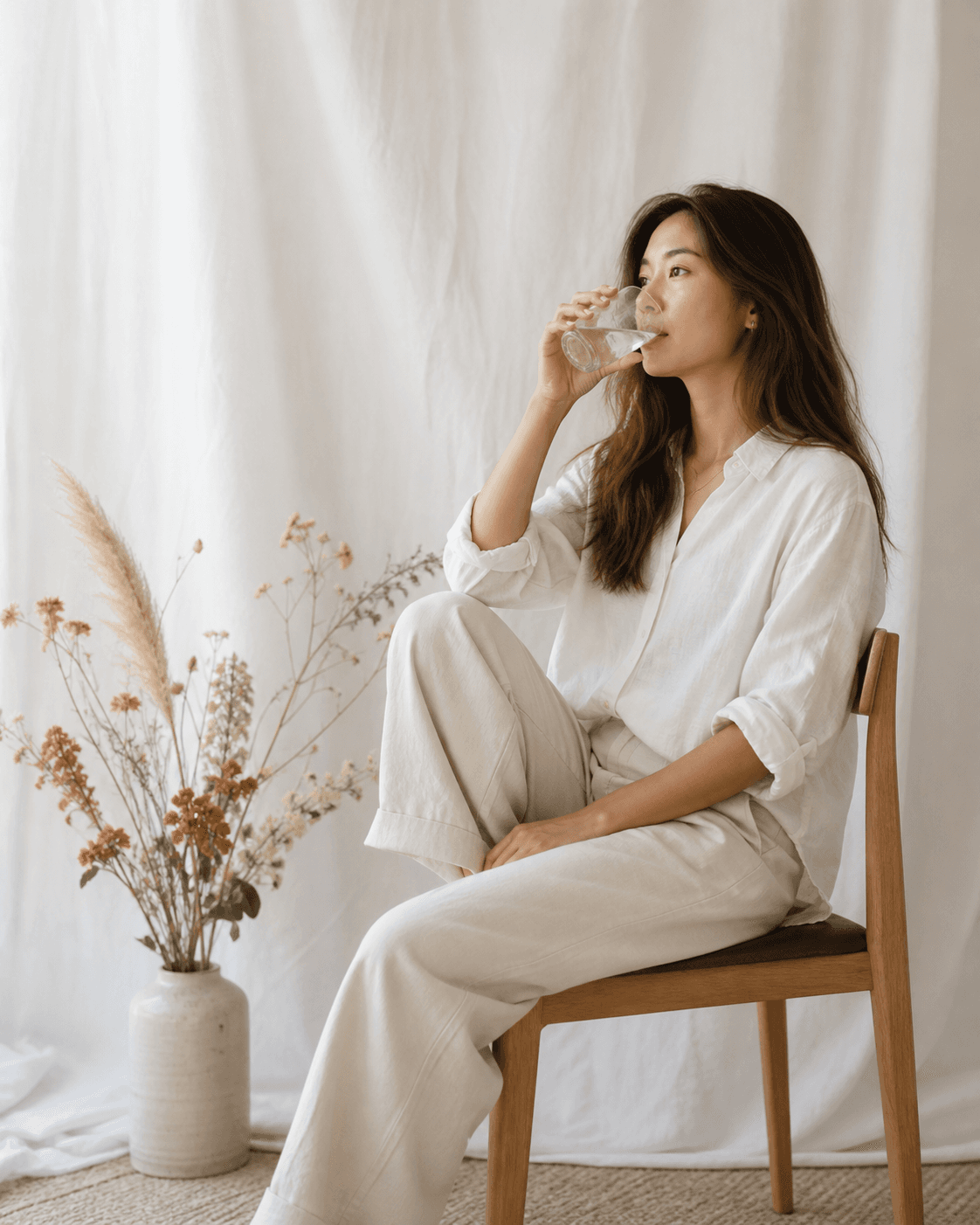 Woman seated with a glass in a calm studio setting